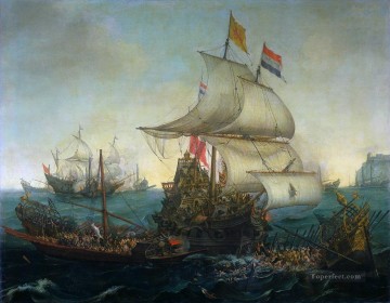  Riendo Pintura - Barco holandés corriendo por galeras españolas